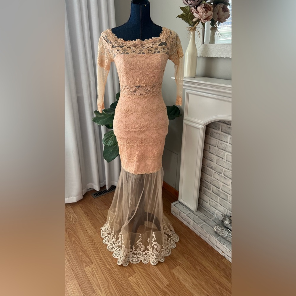 Blush pink long lace dress